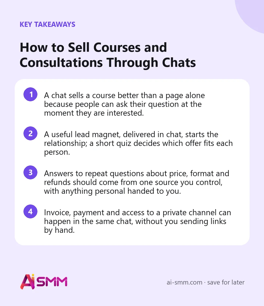 Key takeaways: How to Sell Courses and Consultations Through Chats