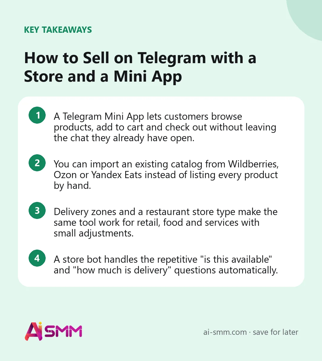 Key takeaways: How to Sell on Telegram with a Store and a Mini App