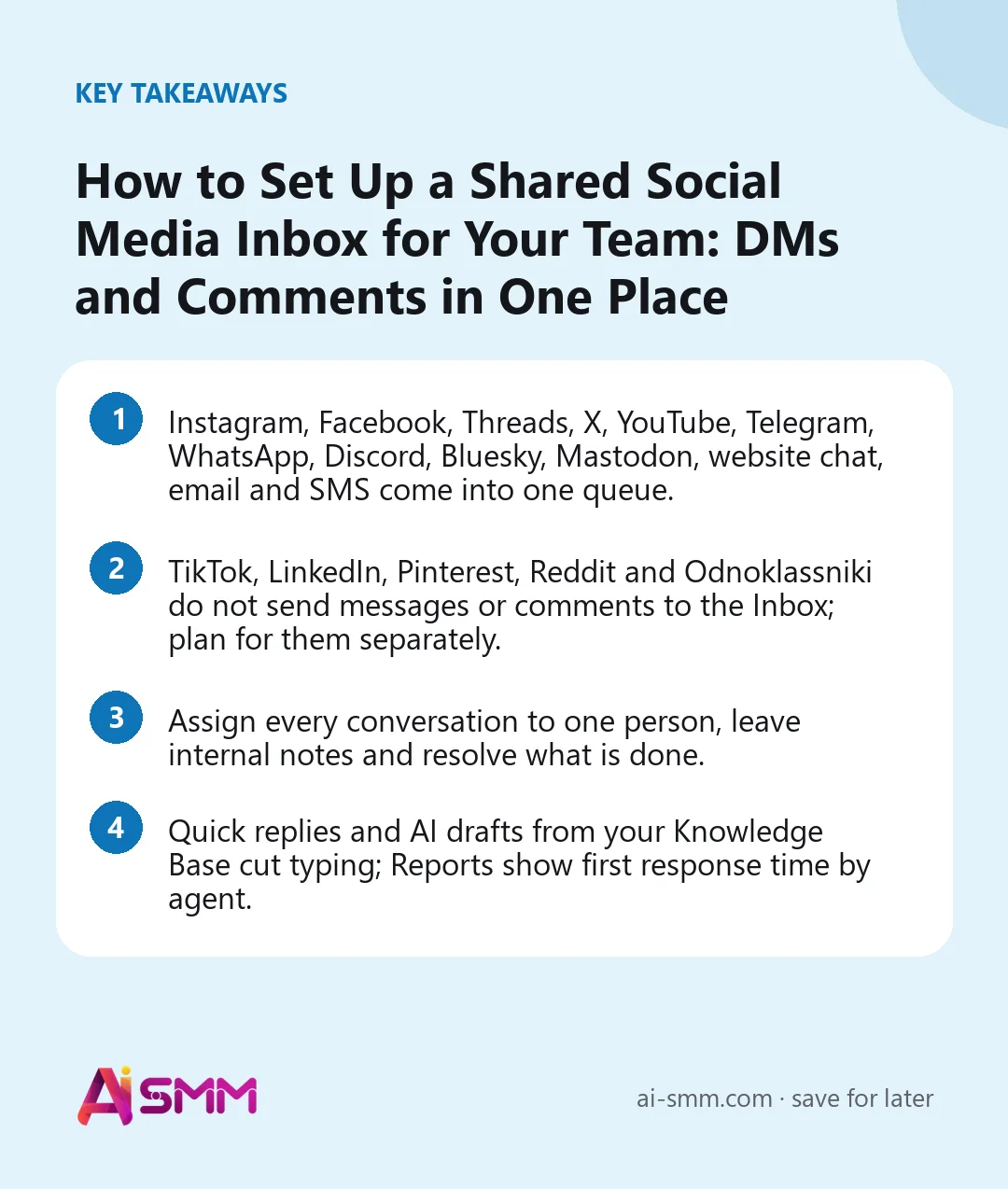 Key takeaways: How to Set Up a Shared Social Media Inbox for Your Team: DMs and Comments in One Place