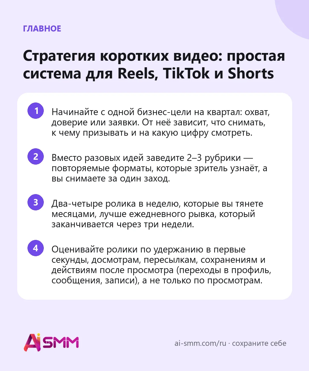 Главное: Стратегия коротких видео: простая система для Reels, TikTok и Shorts