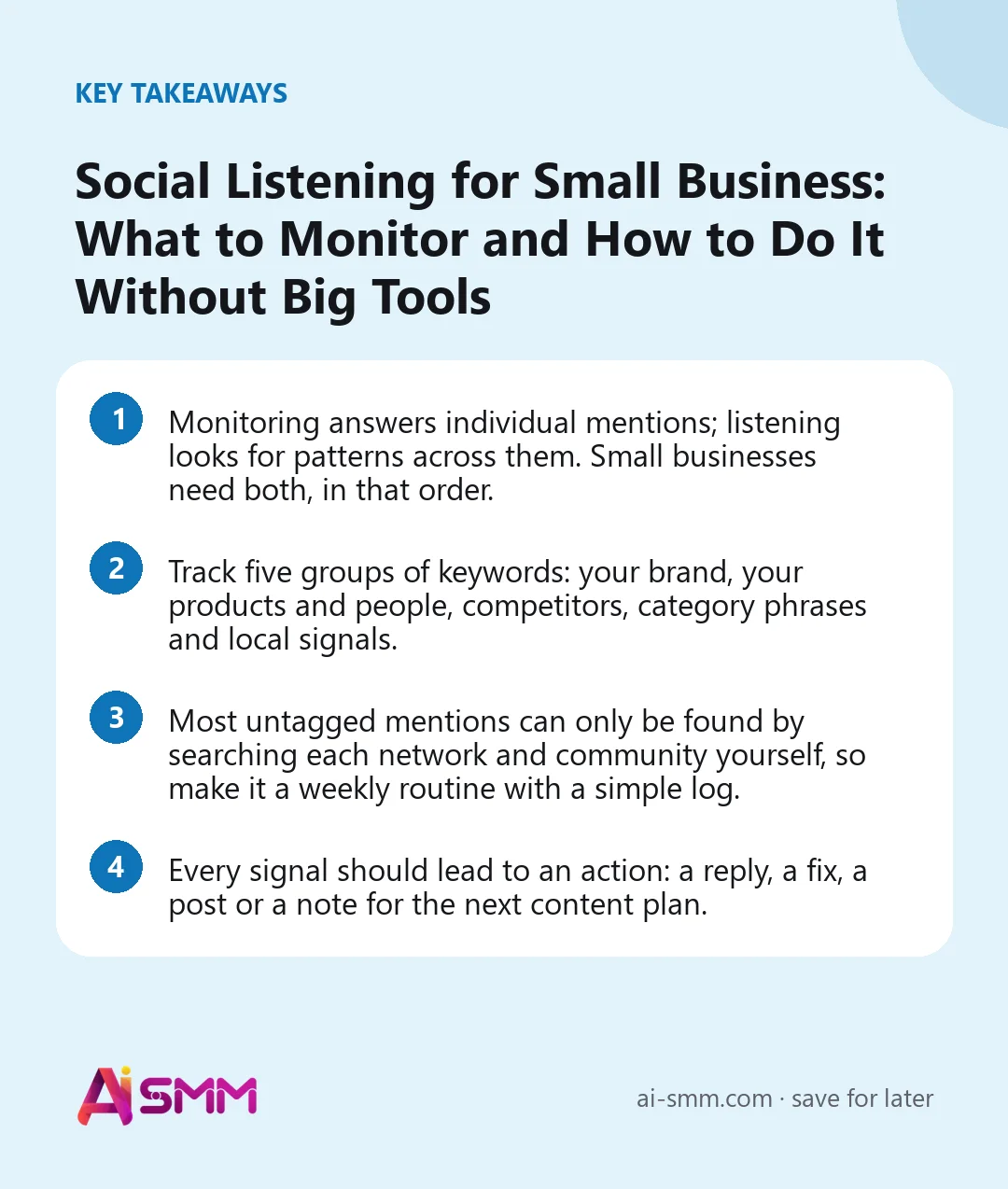 Key takeaways: Social Listening for Small Business: What to Monitor and How to Do It Without Big Tools