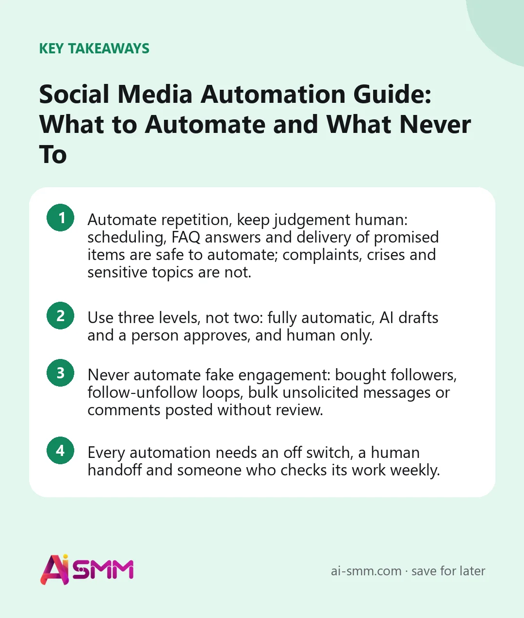 Key takeaways: Social Media Automation Guide: What to Automate and What Never To