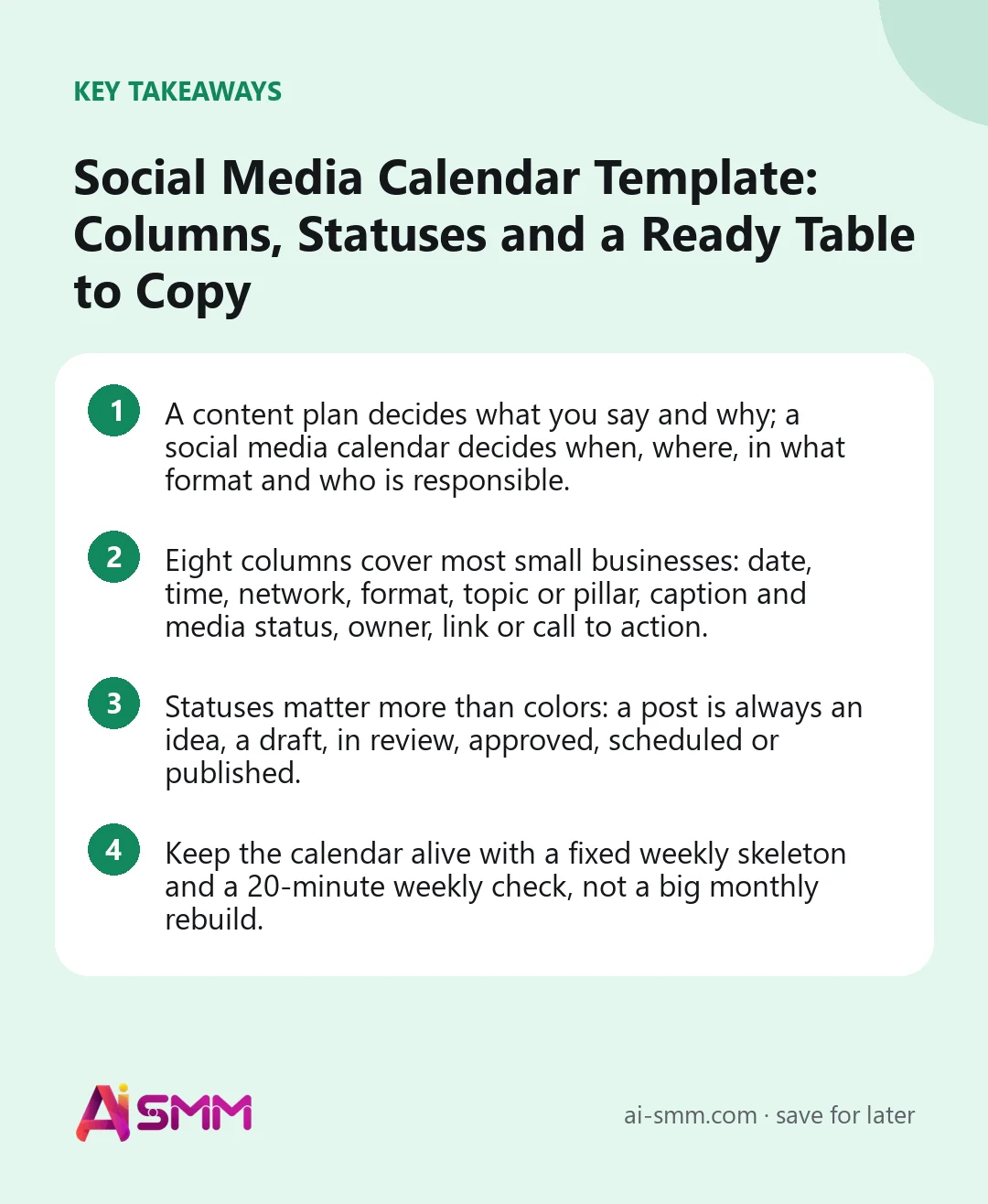 Key takeaways: Social Media Calendar Template: Columns, Statuses and a Ready Table to Copy
