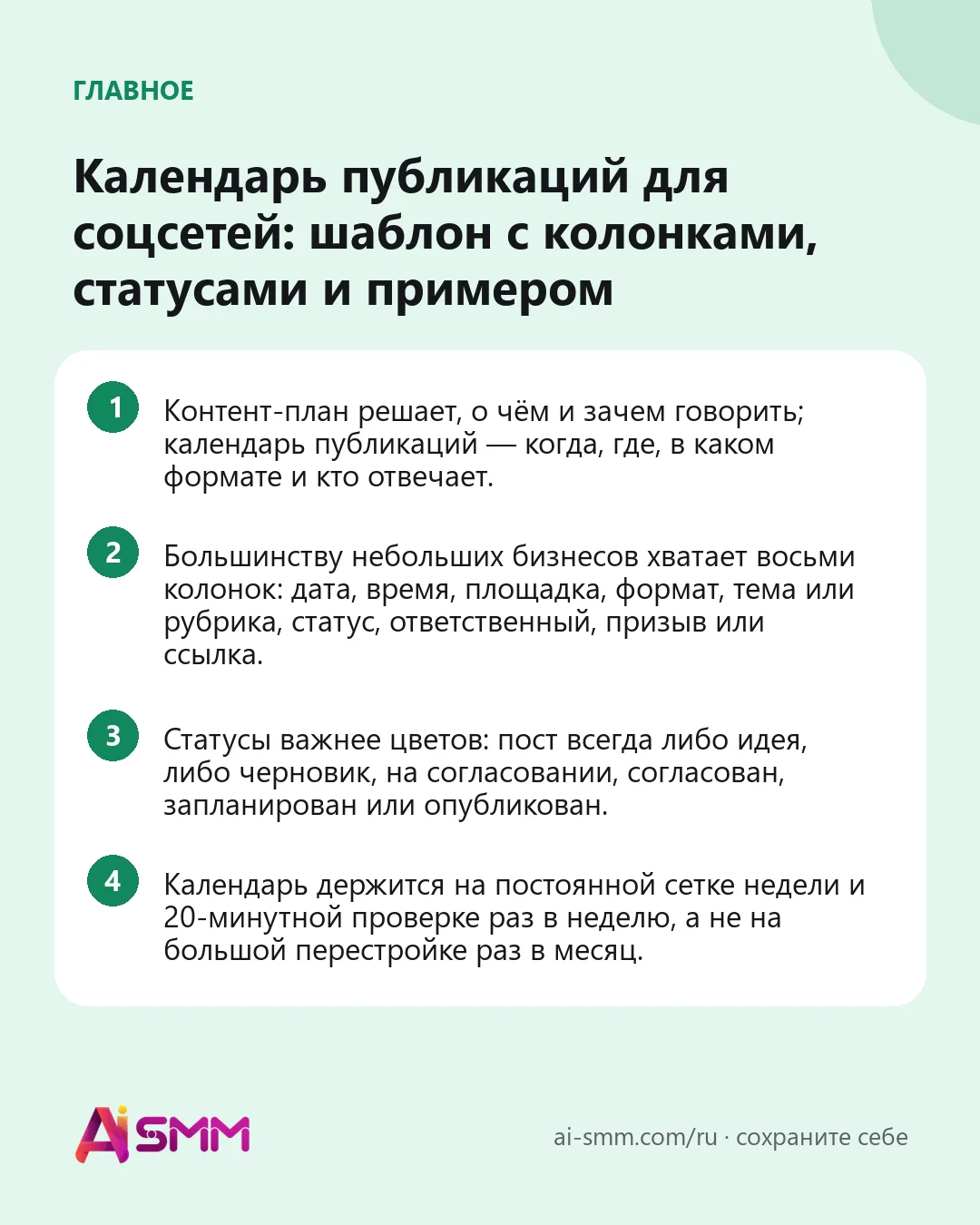 Главное: Календарь публикаций для соцсетей: шаблон с колонками, статусами и примером