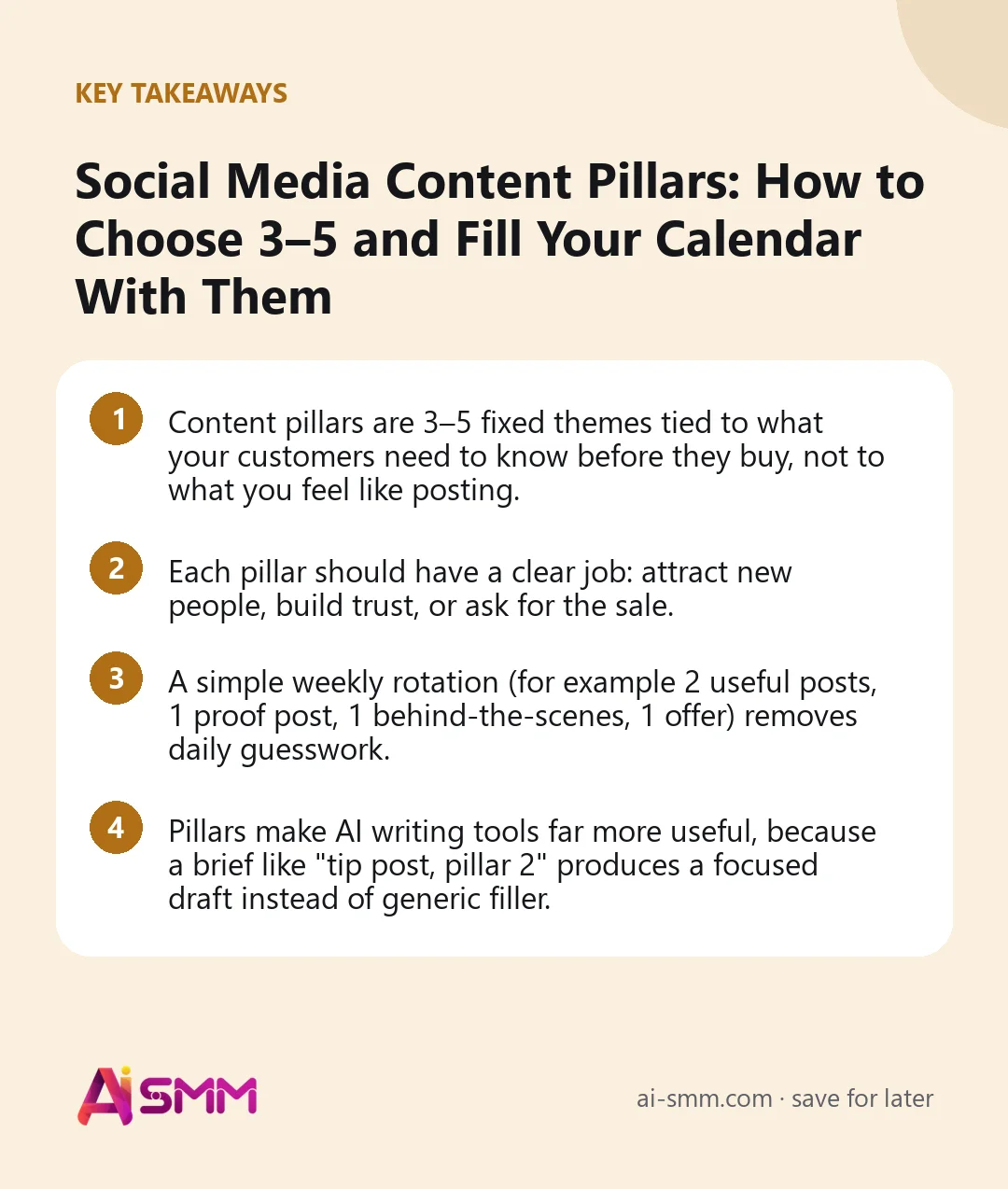 Key takeaways: Social Media Content Pillars: How to Choose 3–5 and Fill Your Calendar With Them
