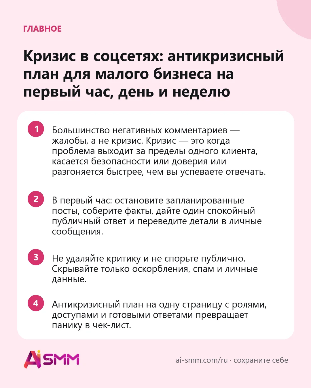 Главное: Кризис в соцсетях: антикризисный план для малого бизнеса на первый час, день и неделю