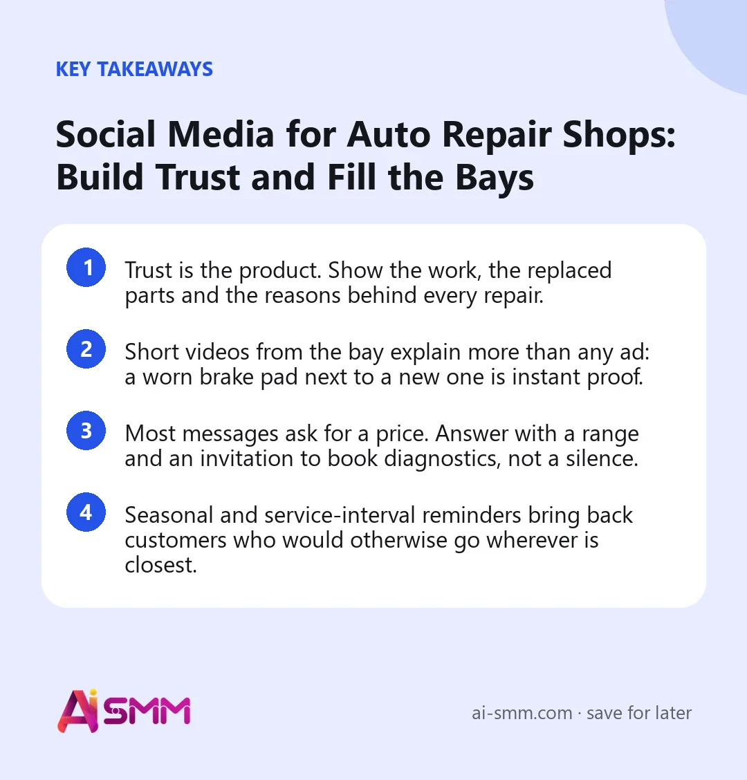 Key takeaways: Social Media for Auto Repair Shops: Build Trust and Fill the Bays