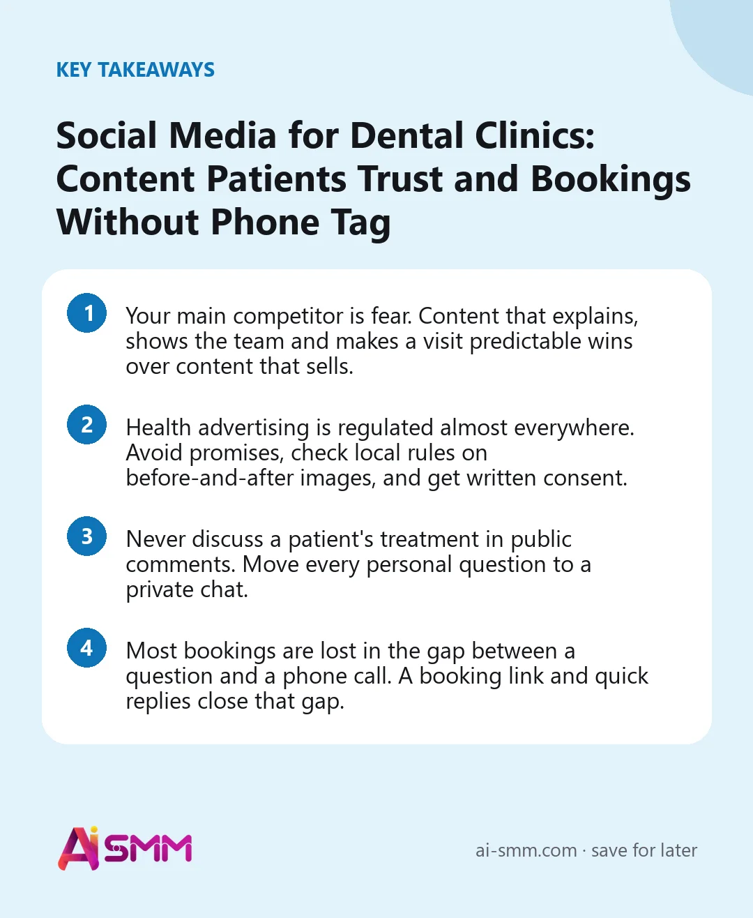 Key takeaways: Social Media for Dental Clinics: Content Patients Trust and Bookings Without Phone Tag