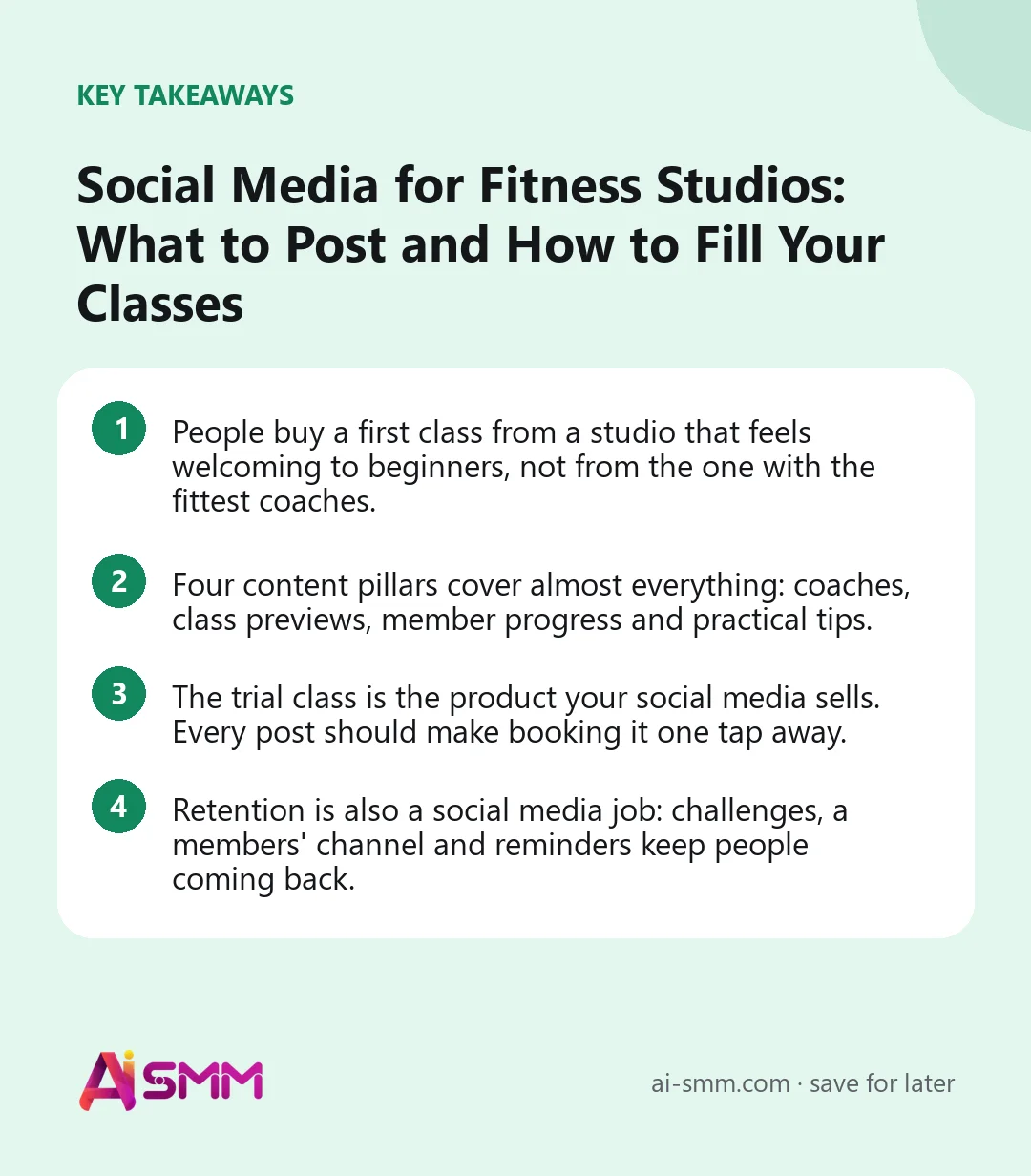 Key takeaways: Social Media for Fitness Studios: What to Post and How to Fill Your Classes