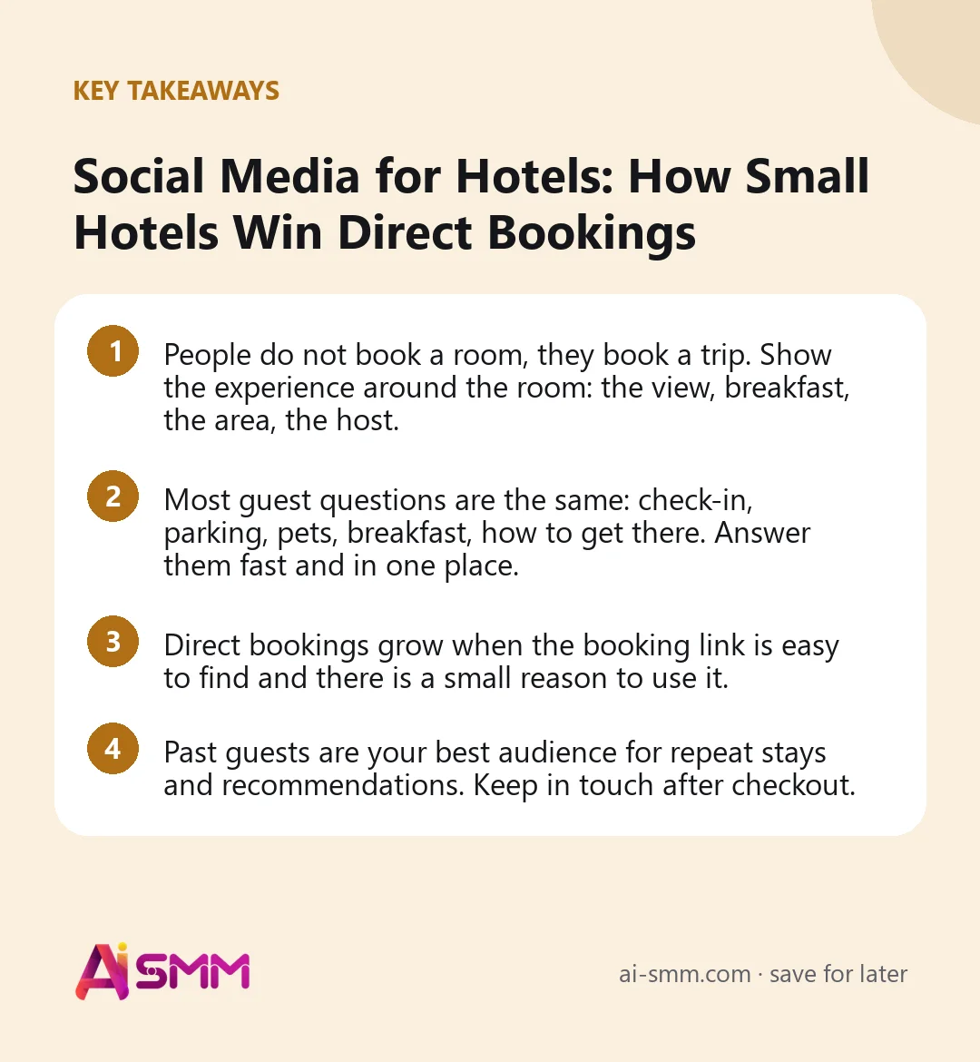 Key takeaways: Social Media for Hotels: How Small Hotels Win Direct Bookings