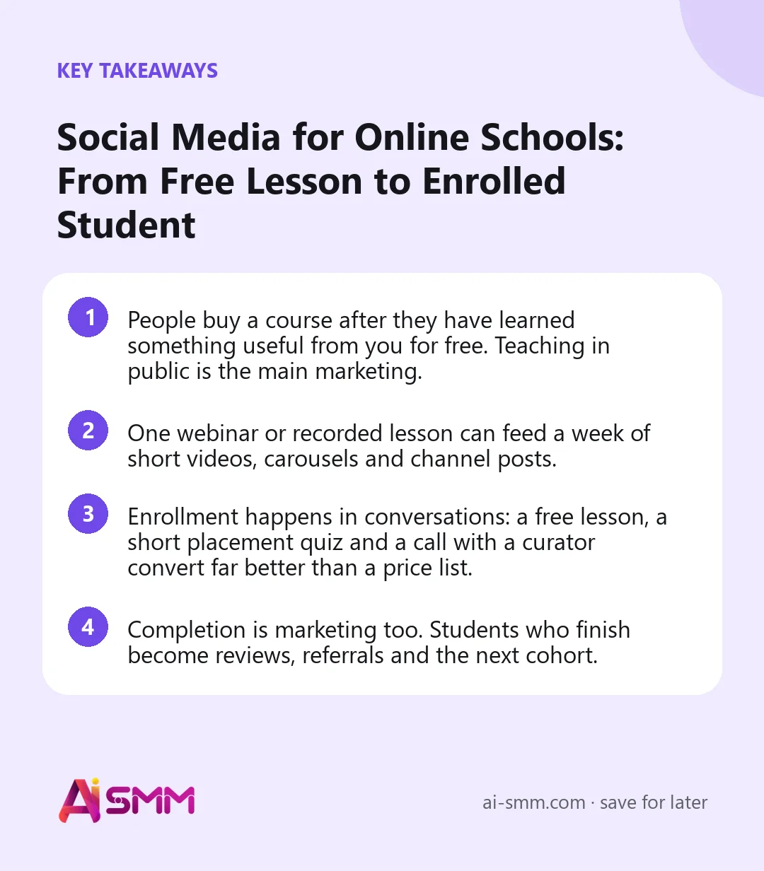 Key takeaways: Social Media for Online Schools: From Free Lesson to Enrolled Student