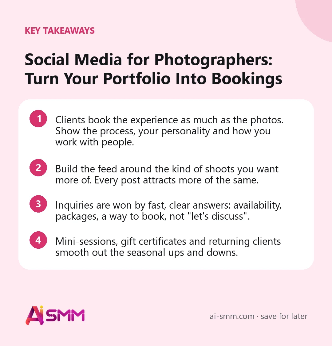 Key takeaways: Social Media for Photographers: Turn Your Portfolio Into Bookings