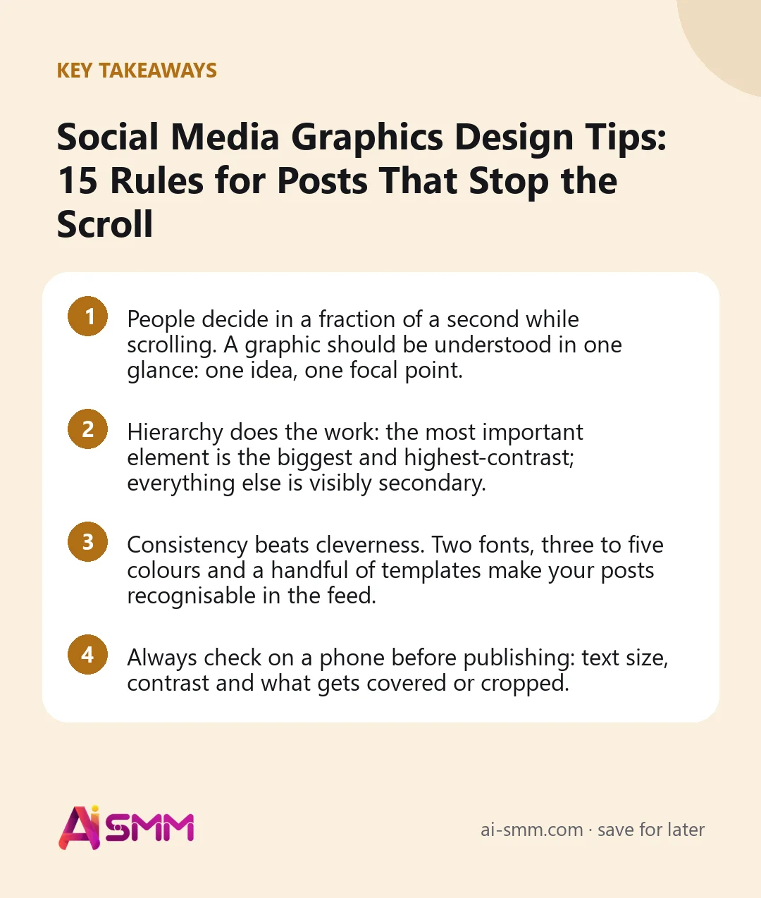 Key takeaways: Social Media Graphics Design Tips: 15 Rules for Posts That Stop the Scroll