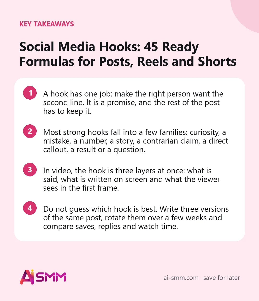 Key takeaways: Social Media Hooks: 45 Ready Formulas for Posts, Reels and Shorts