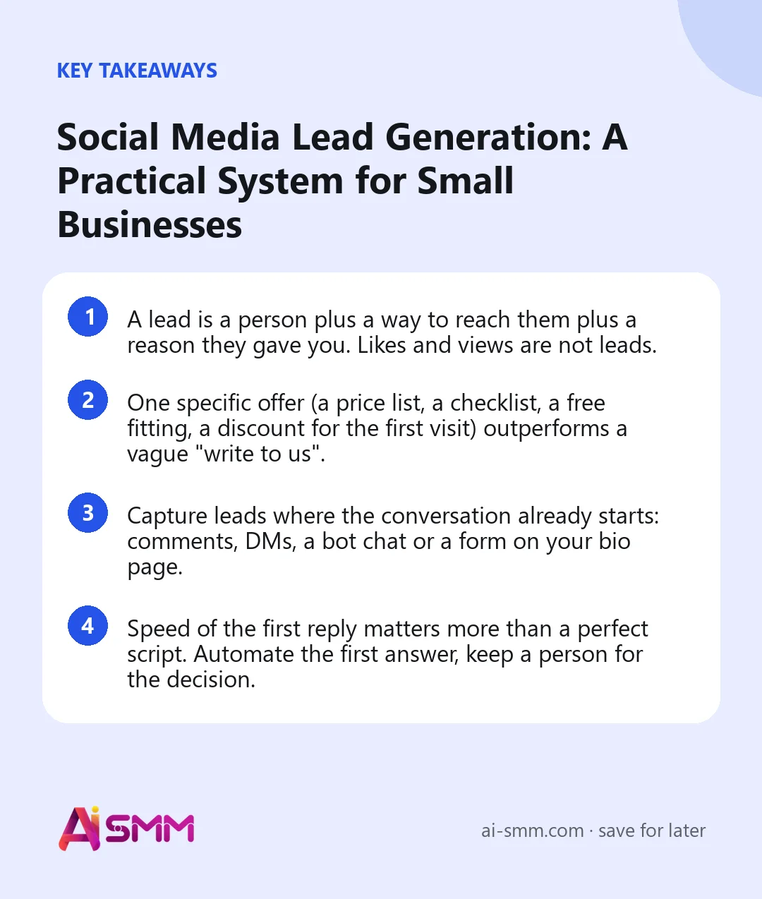 Key takeaways: Social Media Lead Generation: A Practical System for Small Businesses