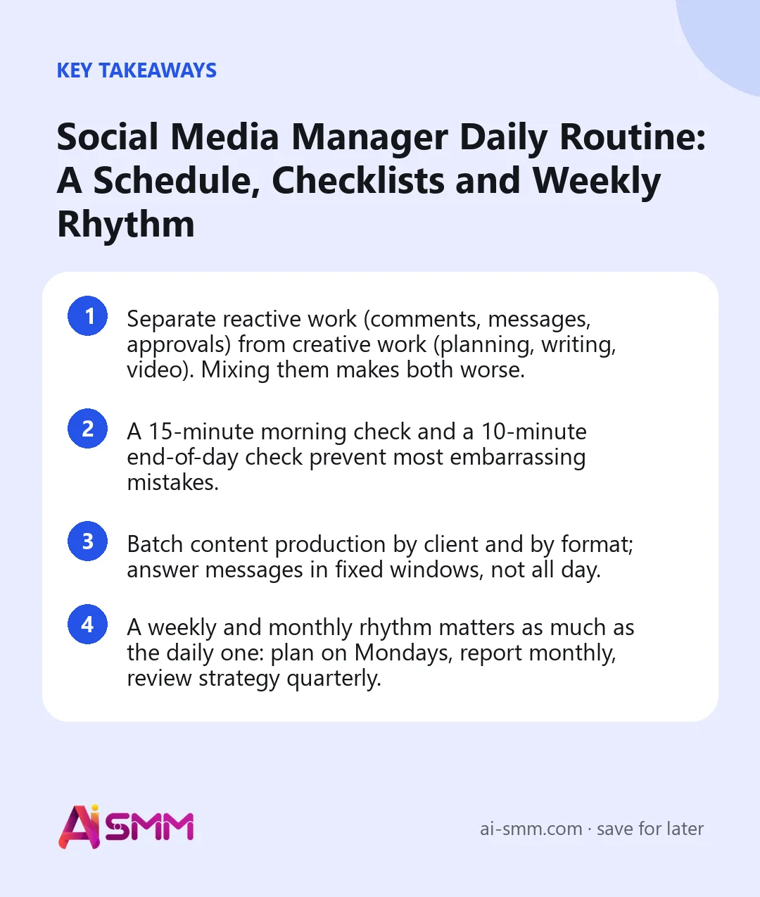 Key takeaways: Social Media Manager Daily Routine: A Schedule, Checklists and Weekly Rhythm