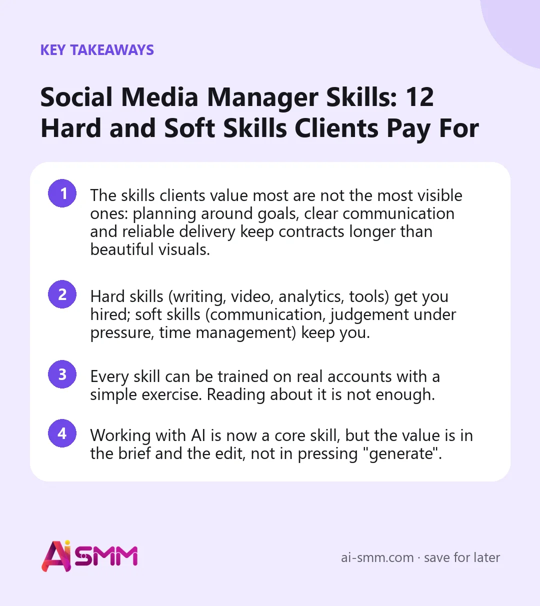 Key takeaways: Social Media Manager Skills: 12 Hard and Soft Skills Clients Pay For