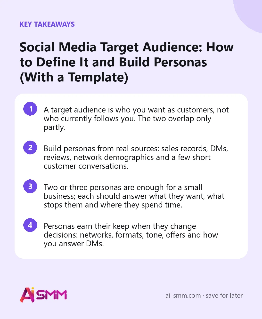 Key takeaways: Social Media Target Audience: How to Define It and Build Personas (With a Template)