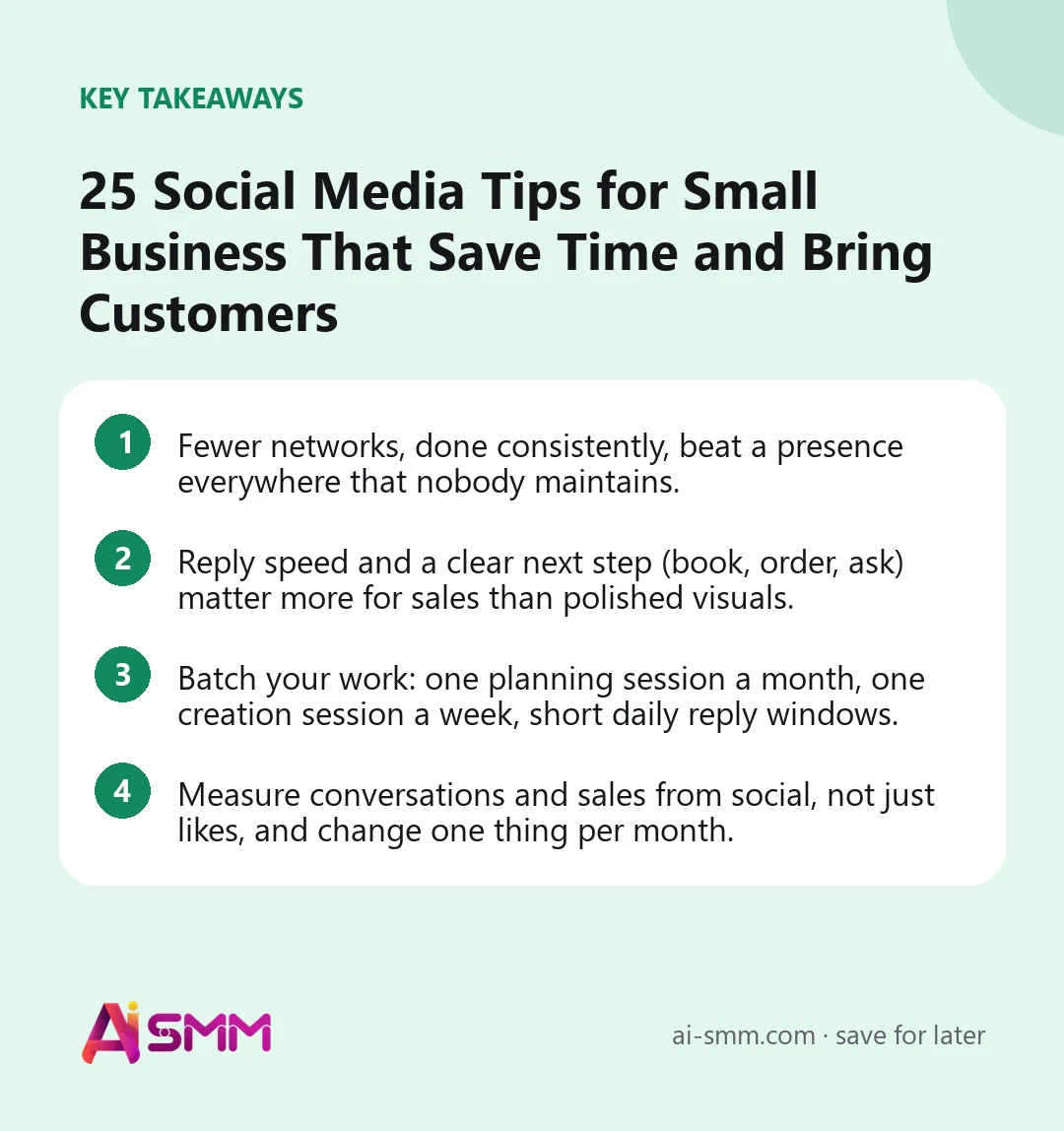 Key takeaways: 25 Social Media Tips for Small Business That Save Time and Bring Customers