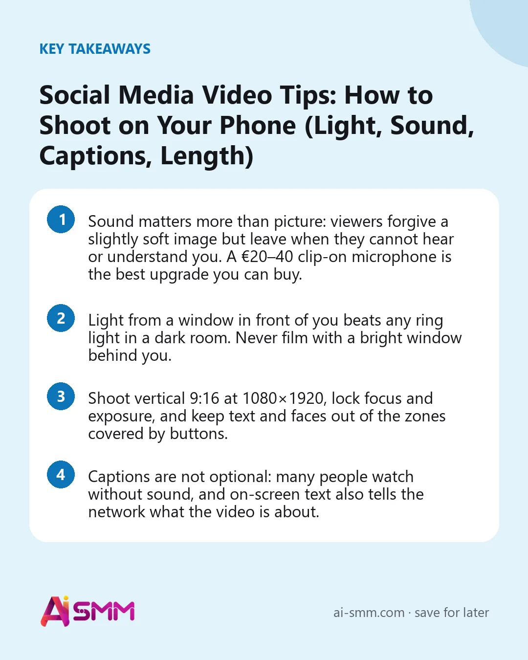 Key takeaways: Social Media Video Tips: How to Shoot on Your Phone (Light, Sound, Captions, Length)