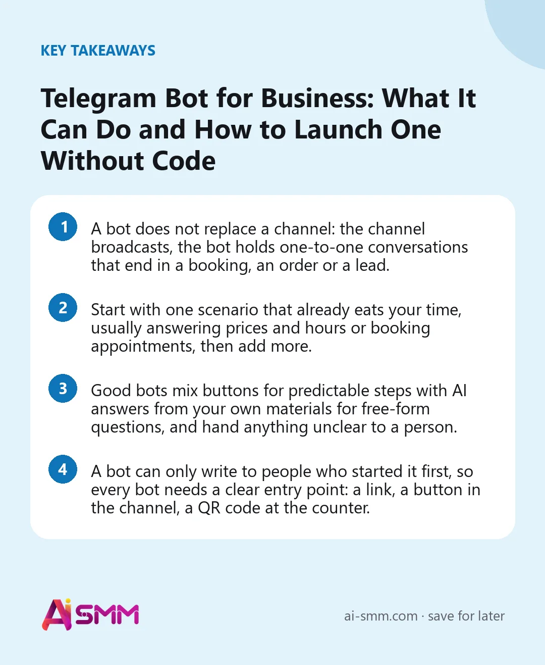 Key takeaways: Telegram Bot for Business: What It Can Do and How to Launch One Without Code