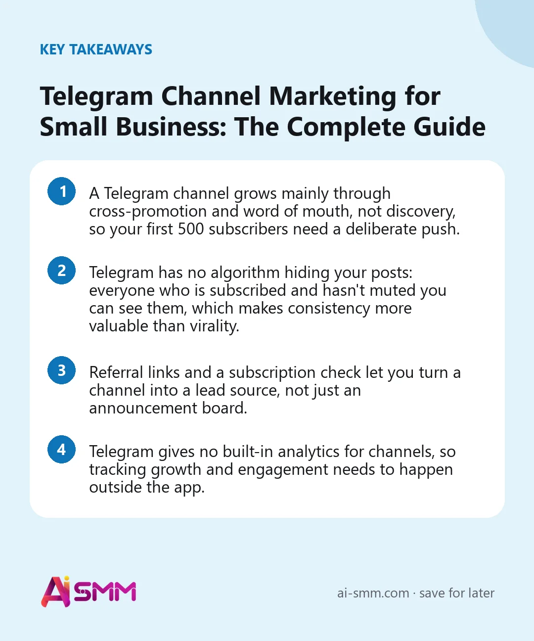 Key takeaways: Telegram Channel Marketing for Small Business: The Complete Guide