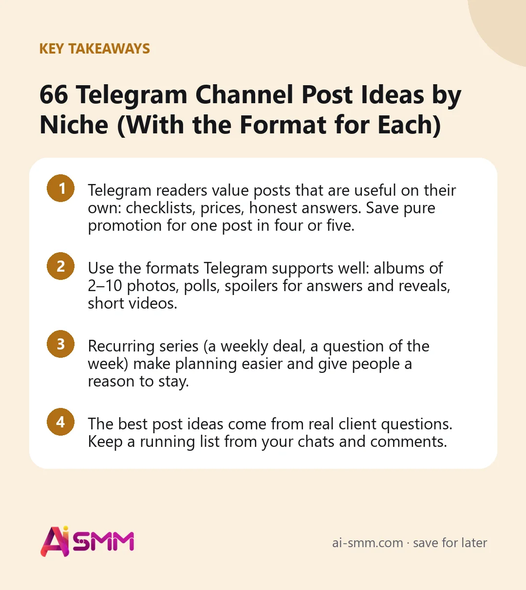 Key takeaways: 66 Telegram Channel Post Ideas by Niche (With the Format for Each)