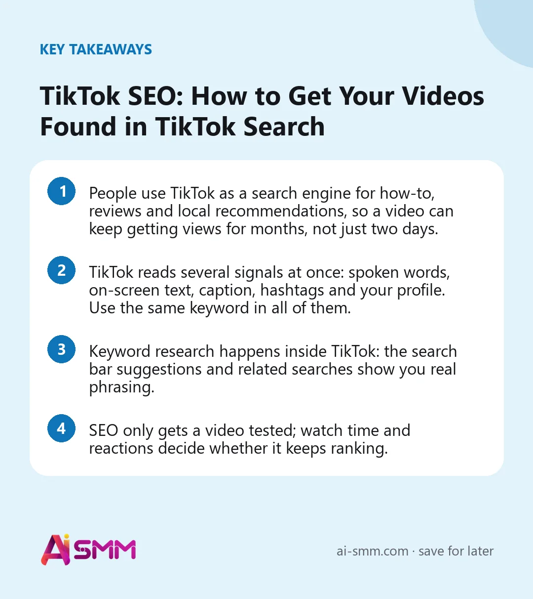 Key takeaways: TikTok SEO: How to Get Your Videos Found in TikTok Search