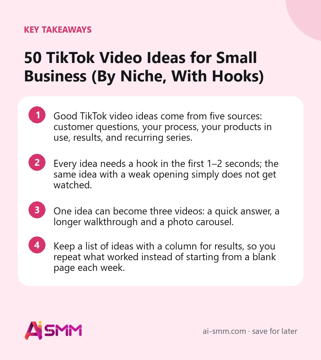 Key takeaways: 50 TikTok Video Ideas for Small Business (By Niche, With Hooks)