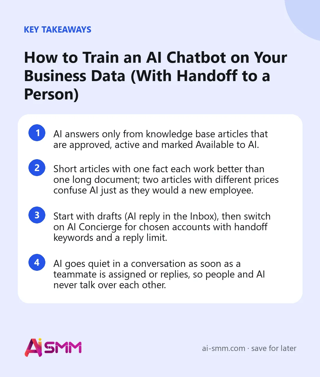 Key takeaways: How to Train an AI Chatbot on Your Business Data (With Handoff to a Person)