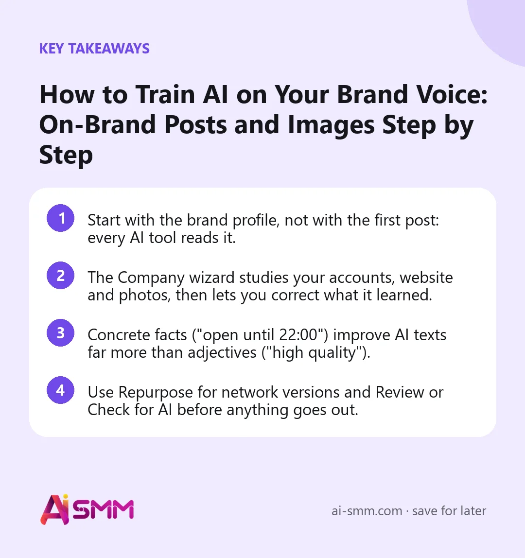 Key takeaways: How to Train AI on Your Brand Voice: On-Brand Posts and Images Step by Step