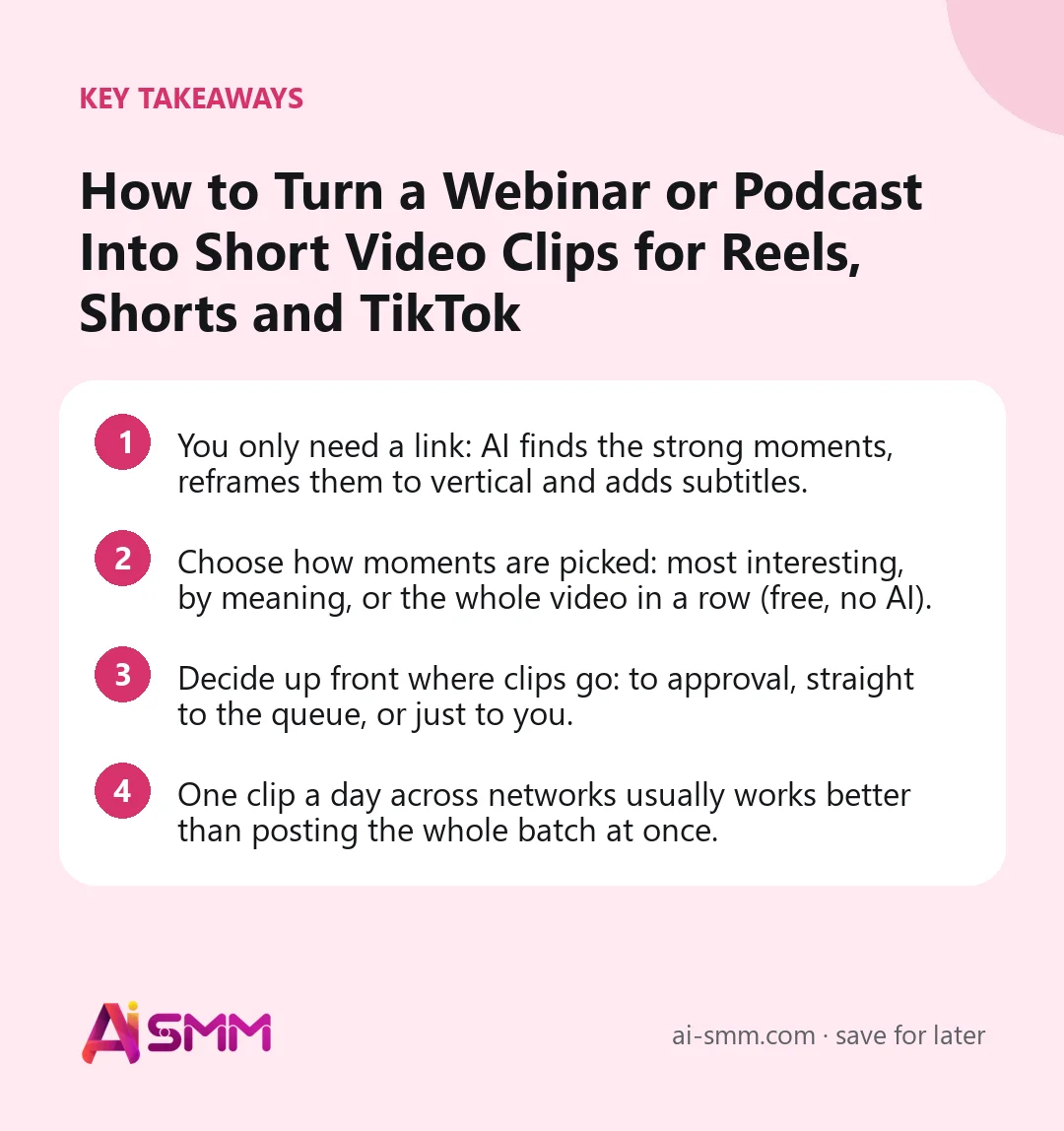 Key takeaways: How to Turn a Webinar or Podcast Into Short Video Clips for Reels, Shorts and TikTok