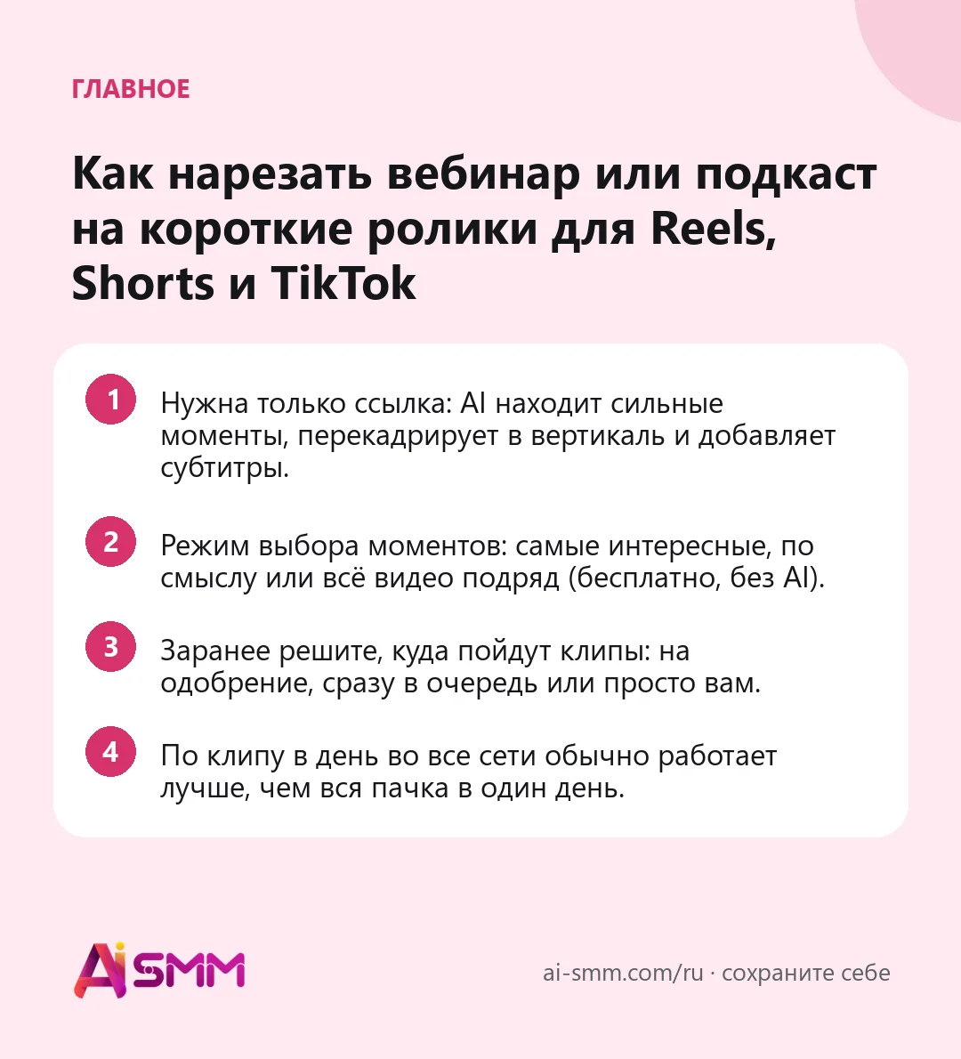 Главное: Как нарезать вебинар или подкаст на короткие ролики для Reels, Shorts и TikTok