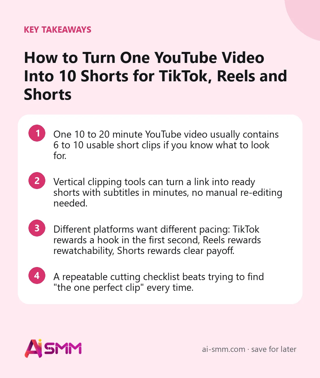 Key takeaways: How to Turn One YouTube Video Into 10 Shorts for TikTok, Reels and Shorts