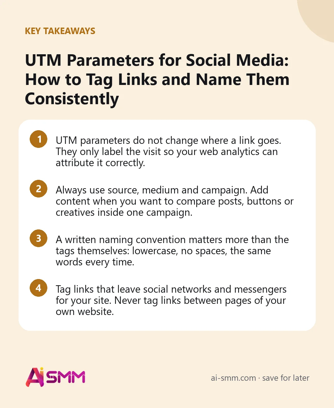 Key takeaways: UTM Parameters for Social Media: How to Tag Links and Name Them Consistently