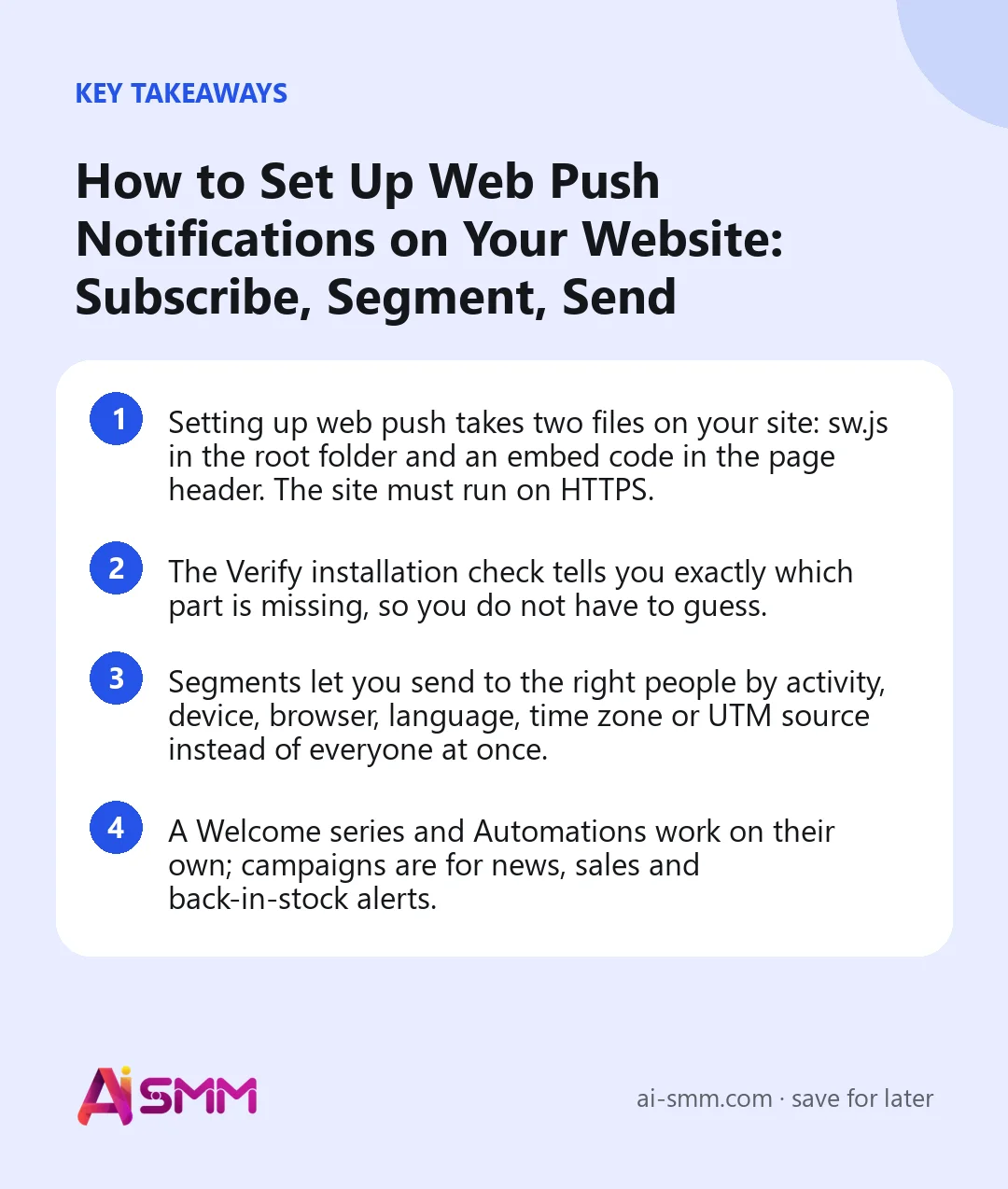 Key takeaways: How to Set Up Web Push Notifications on Your Website: Subscribe, Segment, Send