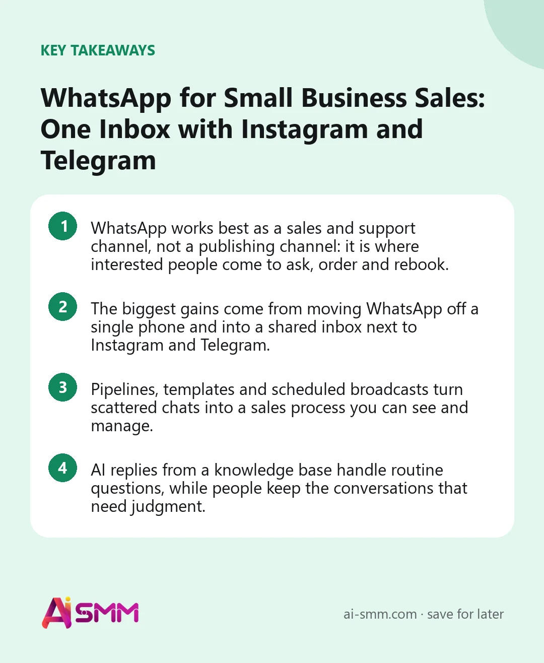 Key takeaways: WhatsApp for Small Business Sales: One Inbox with Instagram and Telegram