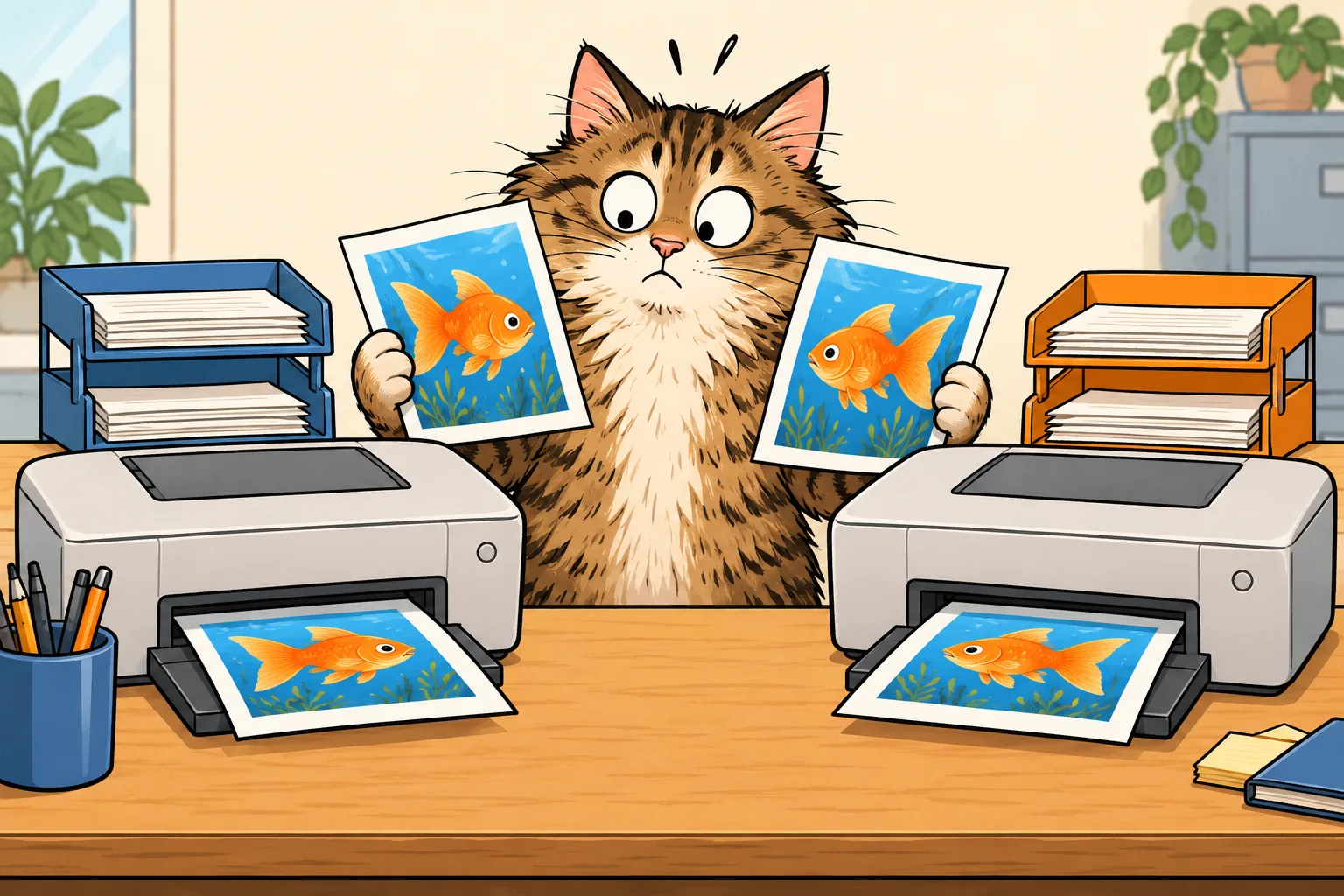Eine überraschte Katze hält doppelte Bilder, während zwei Drucker dasselbe Motiv ausgeben.