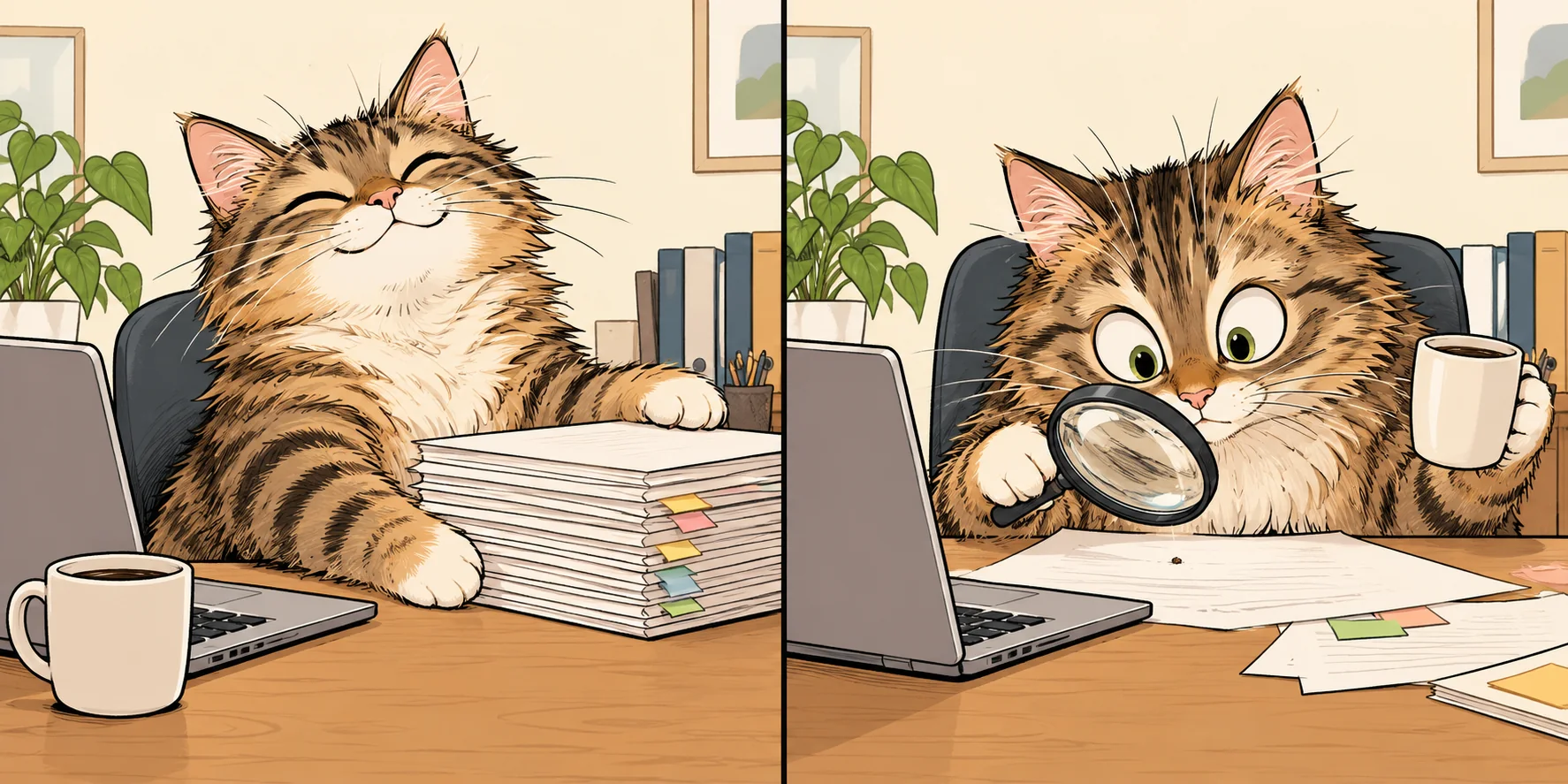 Eine zufriedene Katze mit einem Stapel Entwürfe prüft den Text anschließend mit einer Lupe.